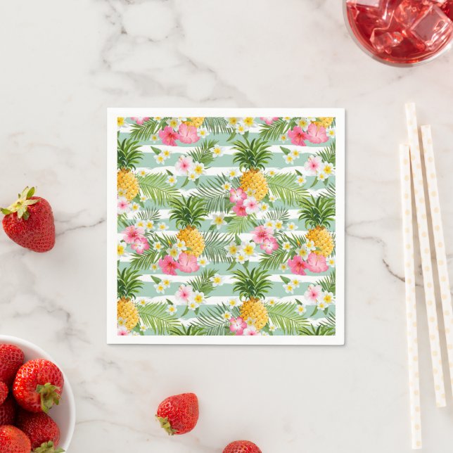 Flowers & Pineapple Teal Stripes Napkin (Insitu)