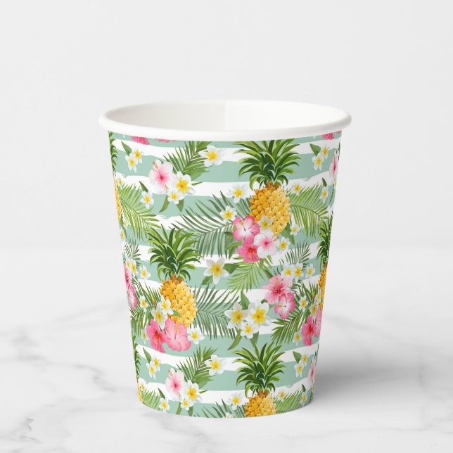 Flowers & Pineapple Teal Stripes Paper Cups (Left)