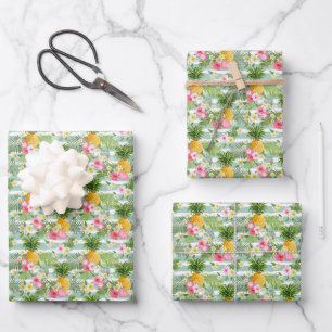 Flowers & Pineapple Teal Stripes Wrapping Paper Sheet