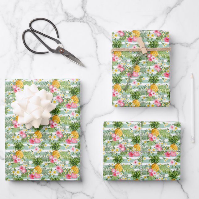 Flowers & Pineapple Teal Stripes Wrapping Paper Sheet (Front)