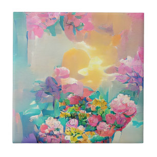 Flowers pink and yellow digital art tile