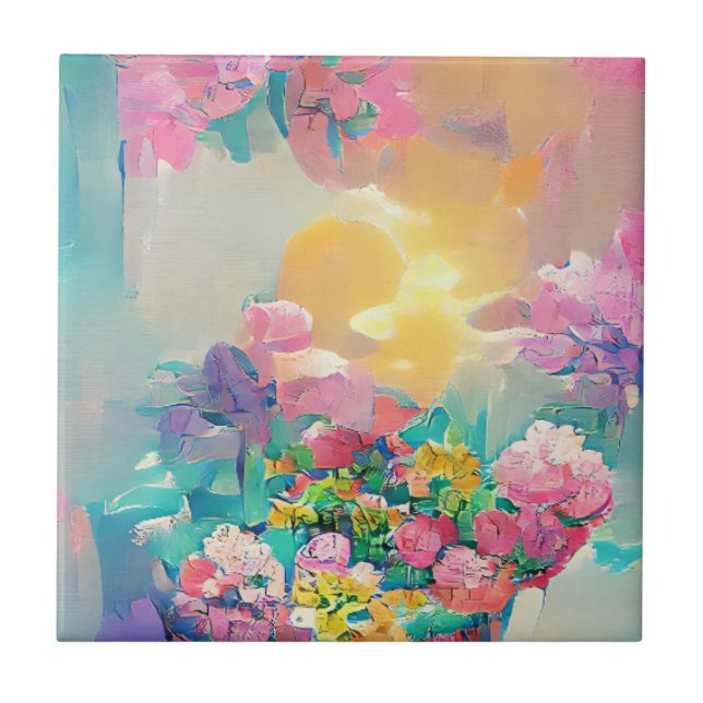 Flowers pink and yellow digital art tile (Front)