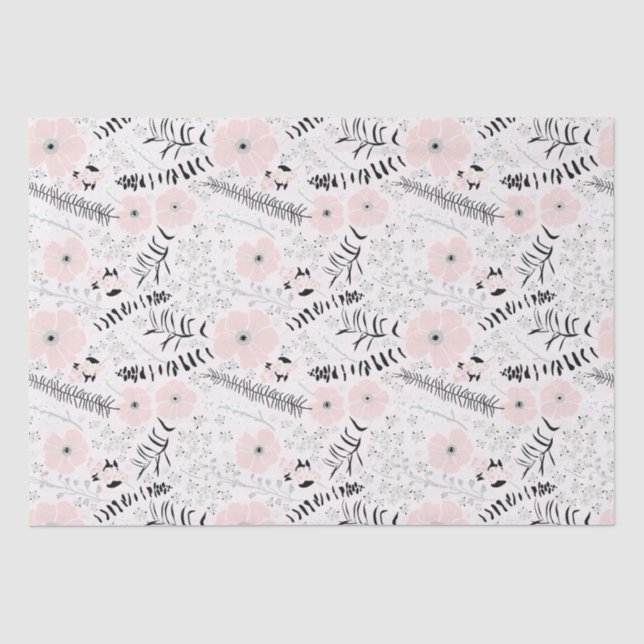 Flowers Pink Black Botanical Pattern Tissue Paper (Front)