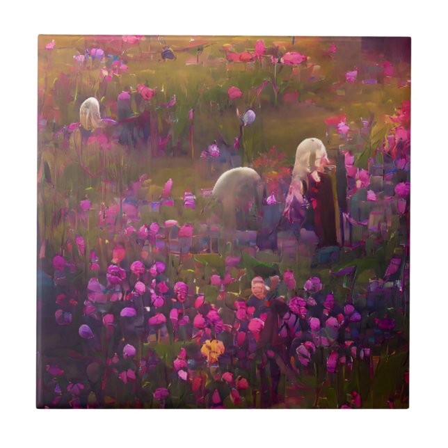 Flowers pink in a green field digital art  tile (Front)