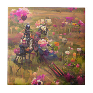 Flowers pink in a green field digital art tile