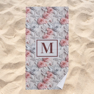 Flowers pink white monogram initial beach towel