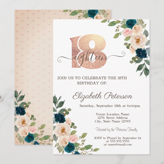 Flowers Polka Dots 18th Birthday Invitation (Front/Back)