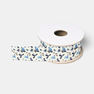 Flowers Rabbit Monkey Blue White Vintage  Grosgrain Ribbon