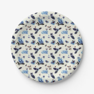 Flowers Rabbit Monkey Blue White Vintage  Paper Plate