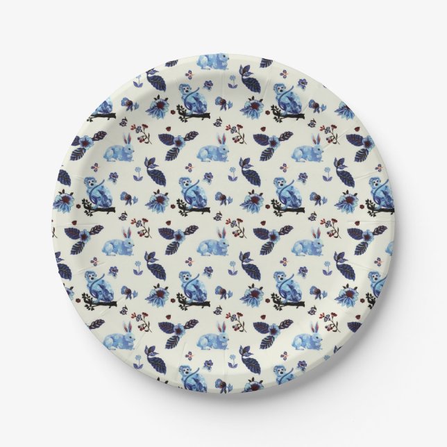Flowers Rabbit Monkey Blue White Vintage  Paper Plate (Front)