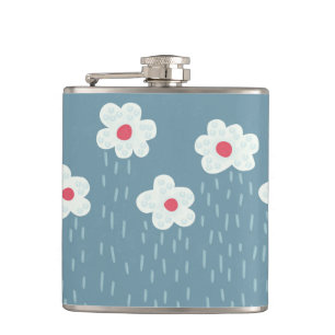 Flowers Raining Springtime Blue Gloomy Fun Hip Flask