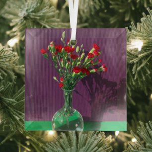 Flowers   Red Carantion Bouquet Glass Ornament
