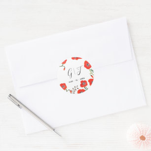 Flowers Red Poppies monogram wedding Classic Round Sticker