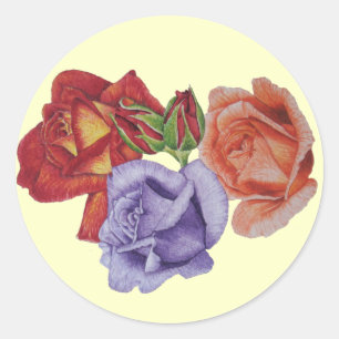 flowers red roses and rose buds floral art classic round sticker