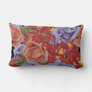 flowers red roses and rose buds floral art lumbar pillow