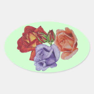 flowers red roses and rose buds floral oval sticker