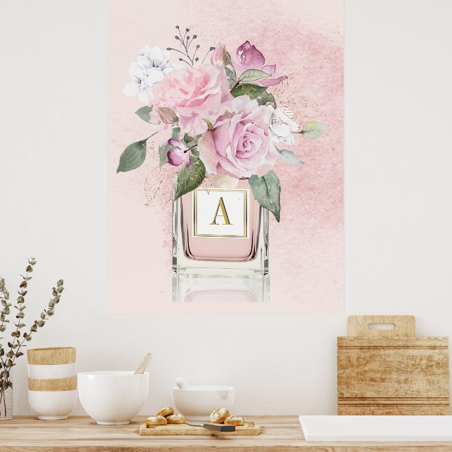 Flowers Roses Elegant Perfume Bottle Monogram  Poster (Kitchen)