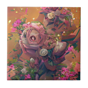 Flowers roses pink orange green digital art tile