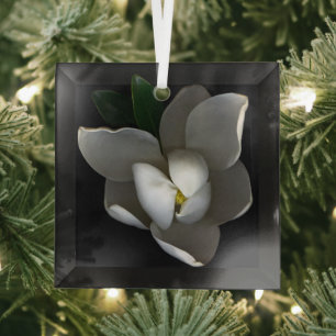 Flowers   Single White Magnolia Blossom Glass Ornament