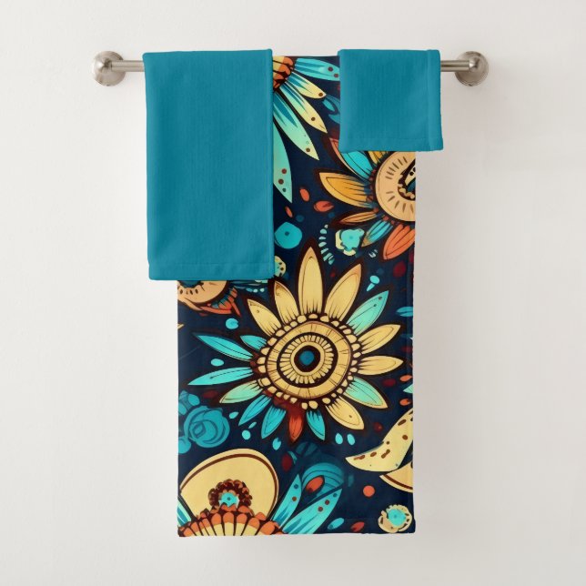 Flowers spiky whimsical blue bath towel set (Insitu)