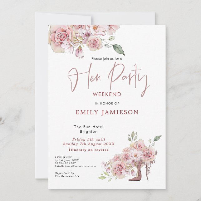 Flowers Stiletto Weekend Itinerary Hen Party Invitation (Front)