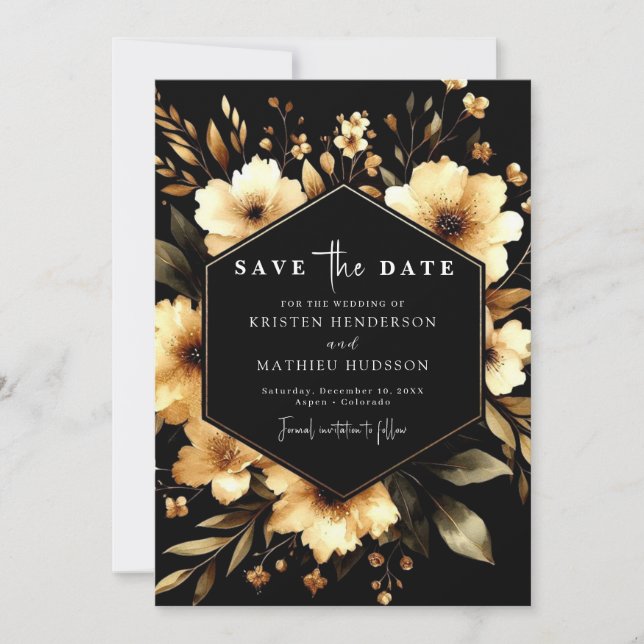 Flowers Stylish Gold and Black Wedding Save The Date (Front)