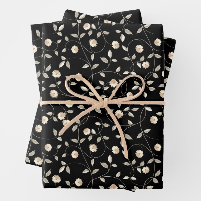 Flowers Swirls Leaves on Black Wrapping Paper Sheet (In situ)