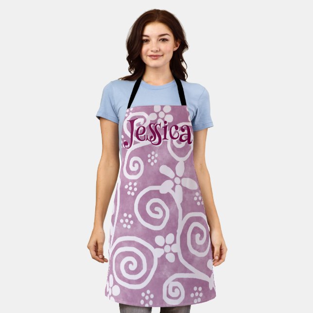 Flowers Swirls Pink White Pattern Personalized Apron (Worn)