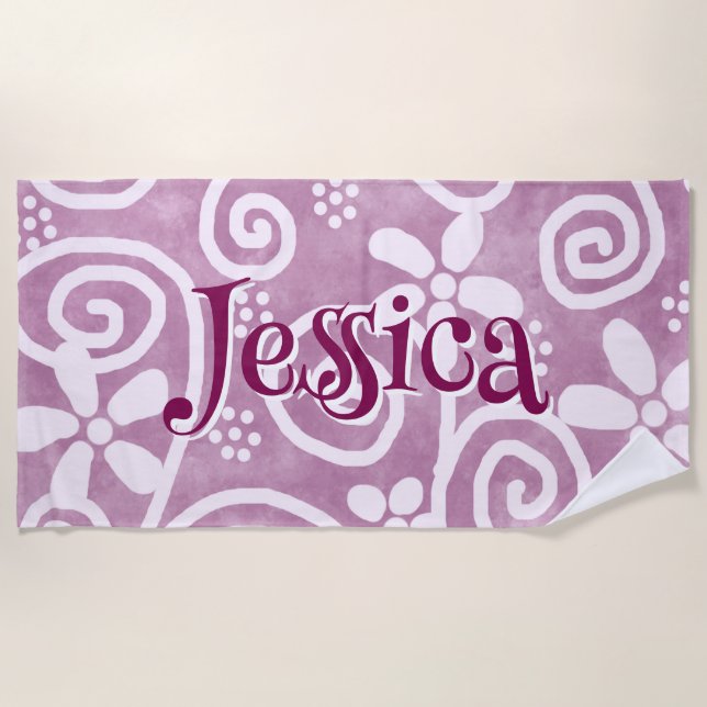 Flowers Swirls Pink White Pattern Personalized Beach Towel (Front)