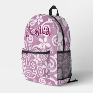 Flowers Swirls Pink White Pattern Personalized Printed Backpack