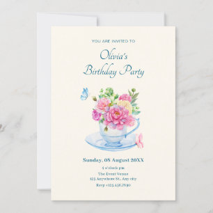 Flowers tea cup birthday invitation