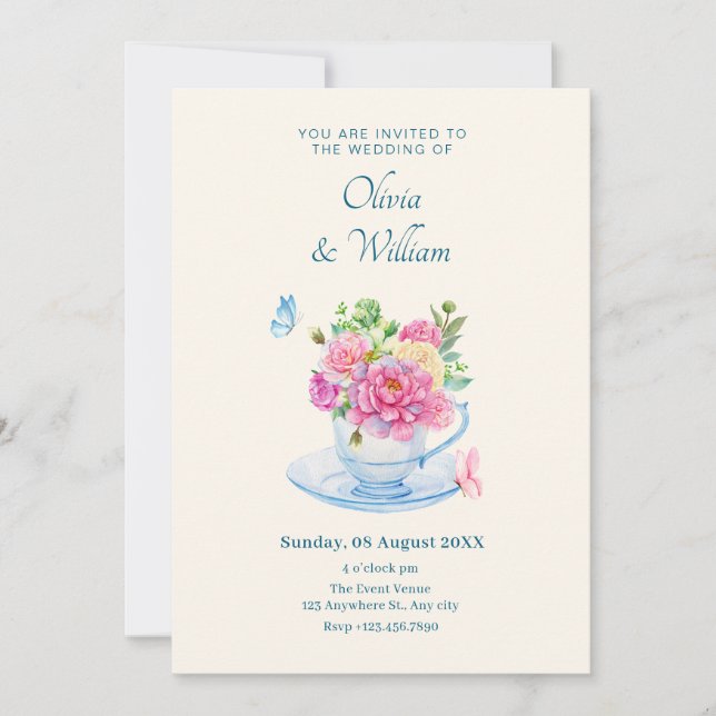Flowers tea cup wedding invitation (Front)