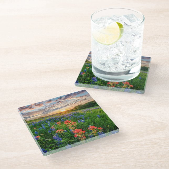 Flowers | Texas Bluebonnets & Indian Paintbrush Glass Coaster (Angled)