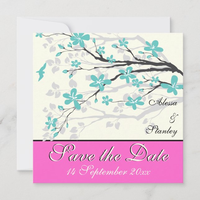 Flowers turquoise, hot pink wedding Save the Date Invitation (Front)