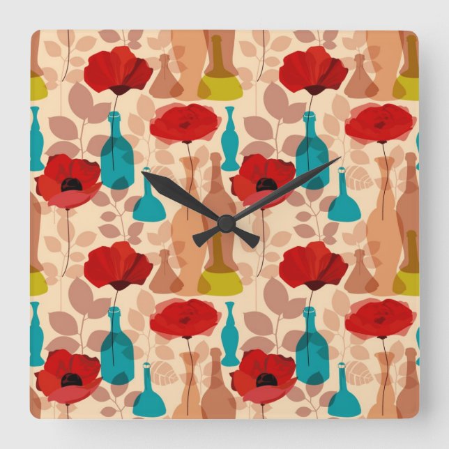 Flowers, vases and bottles pattern square wall clock (Front)