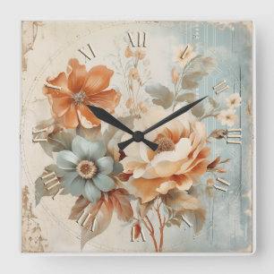 flowers vintage deco square wall clock