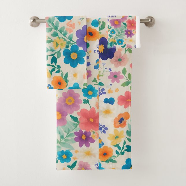 Flowers Watercolor Colourful Personalized Pattern Bath Towel Set (Insitu)