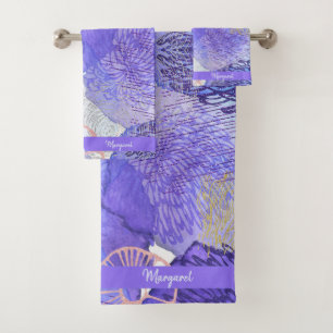 FLOWERS WATERCOLOR PURPLE BATH TOWEL SET