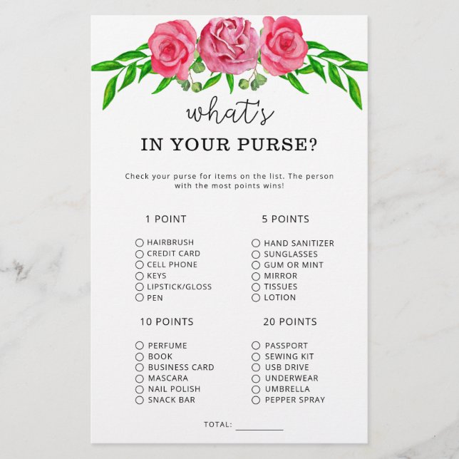 Flowers what's in your purse game (Front)