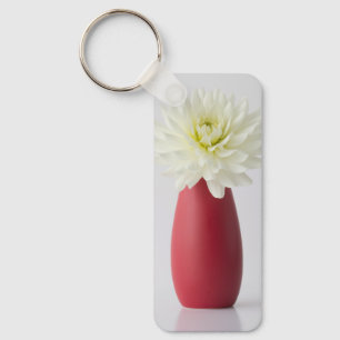 Flowers White Dahlia in Red Vase Keychain