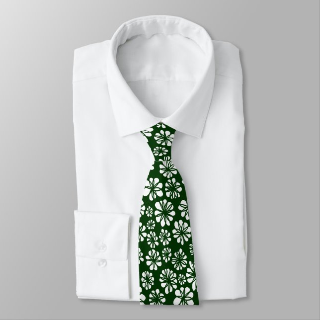 Flowers - White on Dark Green Tie (Tied)