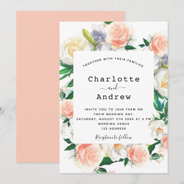 Flowers white rose gold pink wedding invitation (Front/Back)