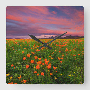 Flowers   Wildflower Field Snowcapped Mountains Square Wall Clock