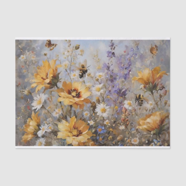 Flowers with Bee's and Butterflies Decoupage Tissue Paper (Front)