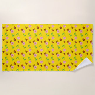  flowers with butterflies on a yellow background beach towel