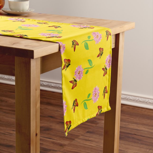  flowers with butterflies on a yellow background short table runner (In Situ)
