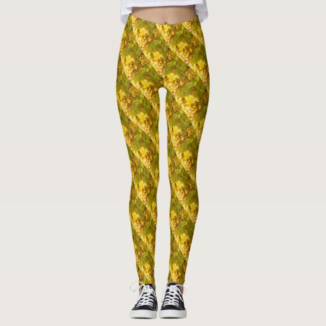 Flowers with green and yellow cross design pattern leggings (Front)