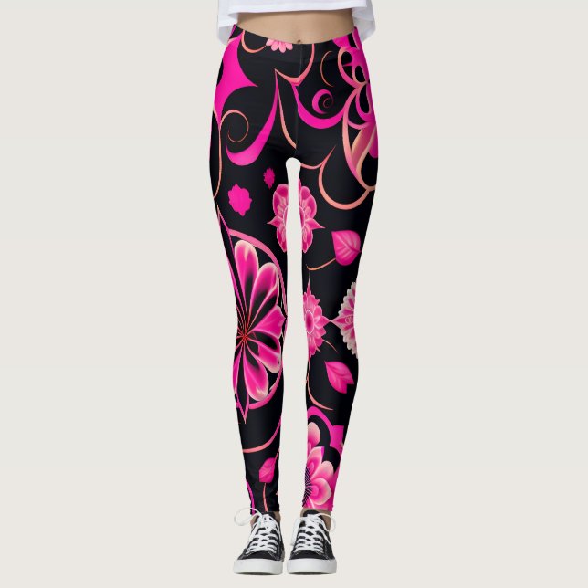 Flowers with surreal motifs Pink Floral Pattern Leggings (Front)