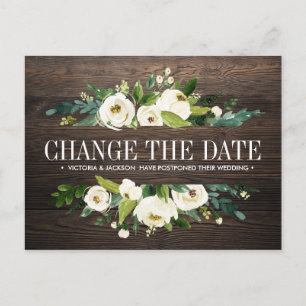 Flowers wood WEDDING CHANGE THE DATE POSTPONEMENT Announcement Postcard