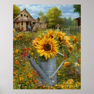 Flowers yellow pink teal watering can farm house poster